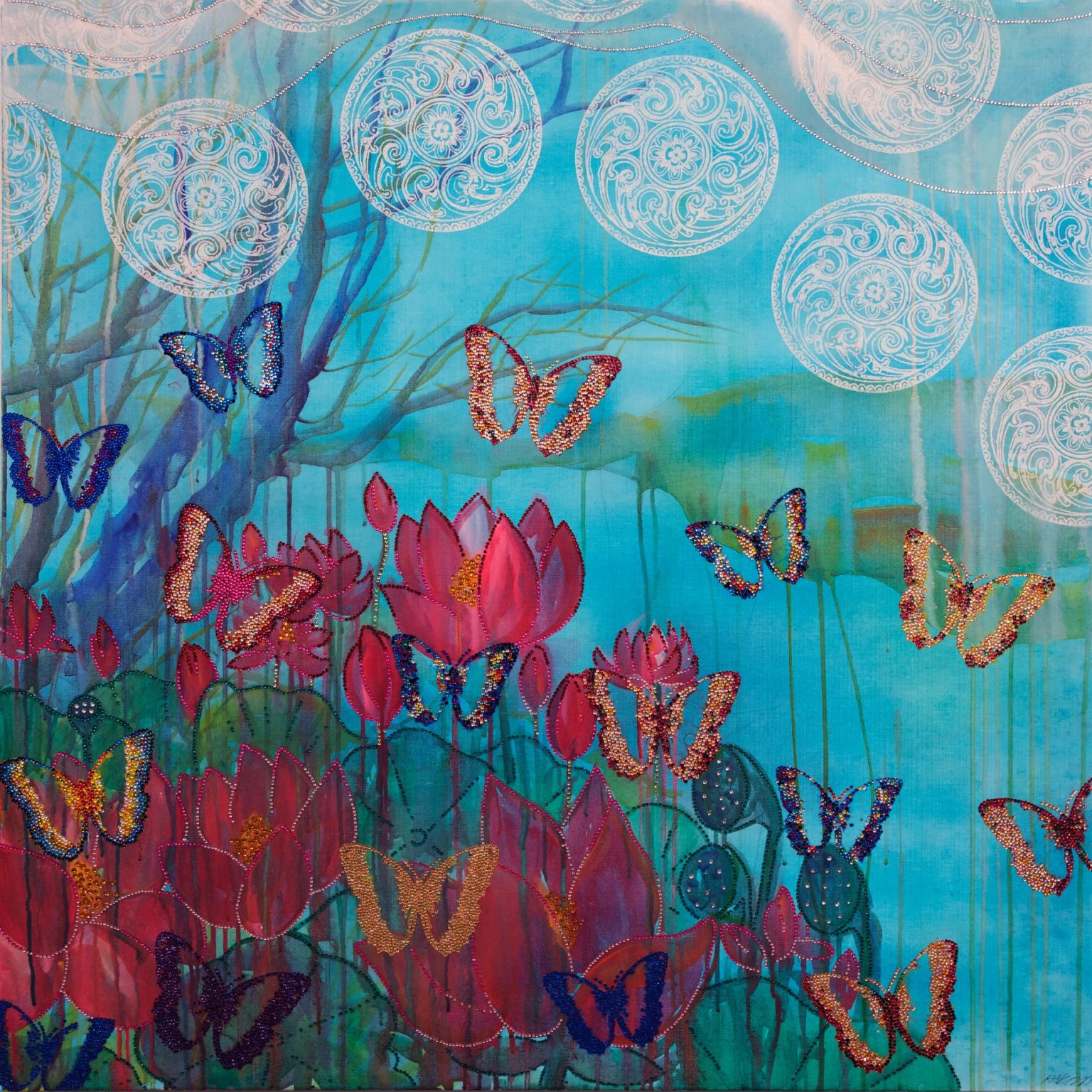 Abstract painting of nature scene using bright colors and featuring butterflies and rhinestones