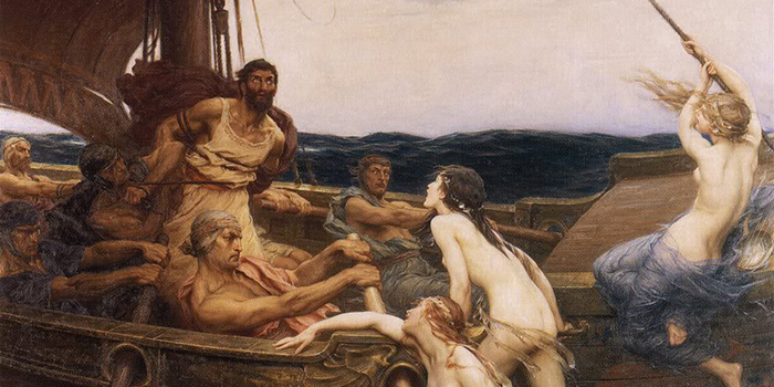 Odysseus tied to the mast of his ship to resist the song of the Sirens