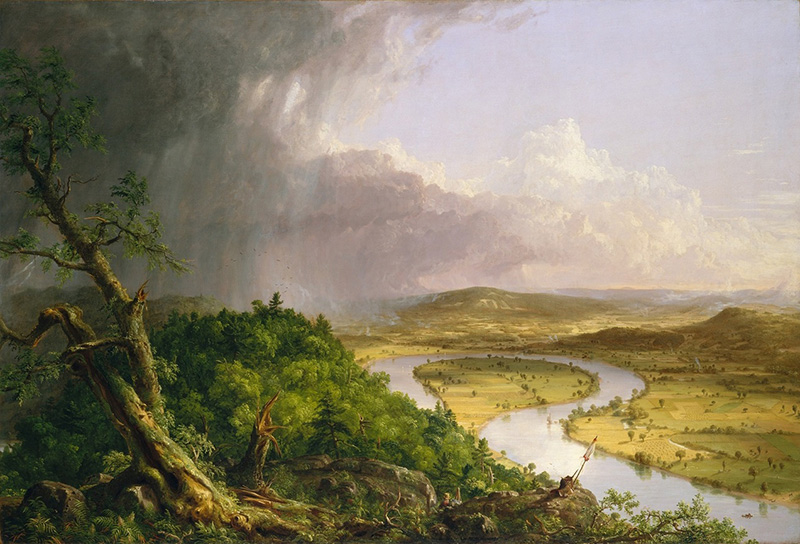 Oil painting depicts a Romantic panorama of the Connecticut River Valley just after a thunderstorm