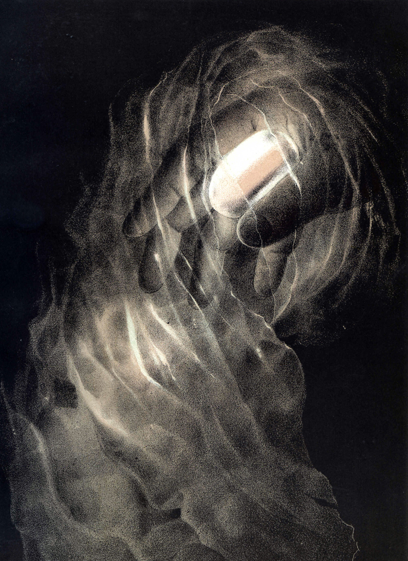 A disembodied hand holding a crystal with smoke and light billowing out of the palm