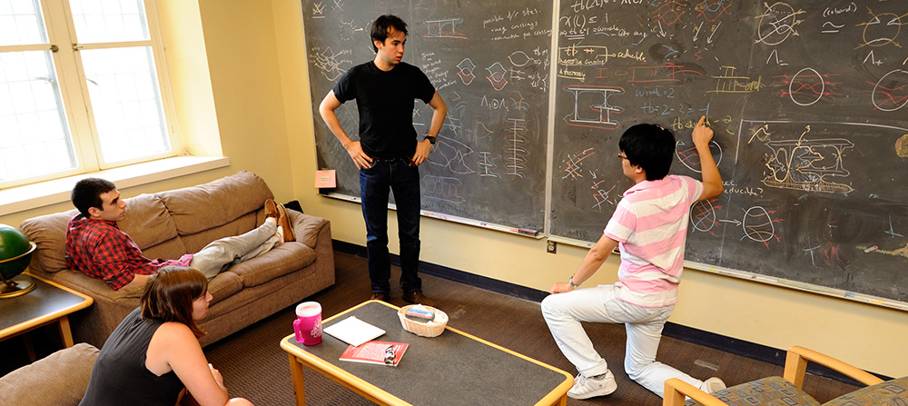 Students collaborate in the Math Lounge in Hilles 208.