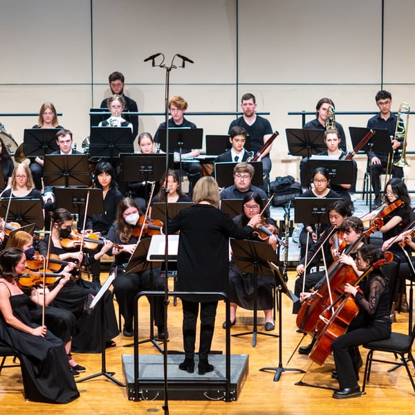 orchestra performing with conductor's back to audience