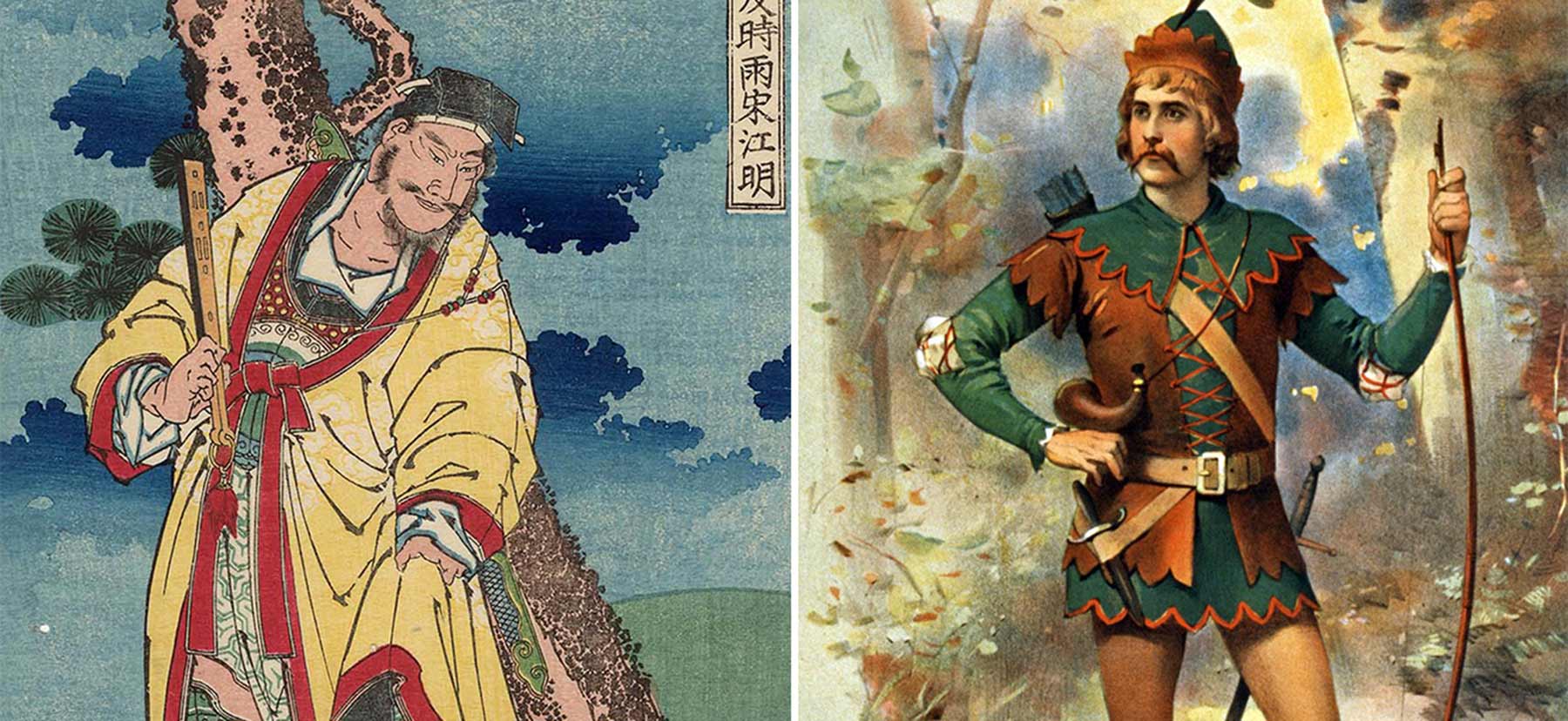Illustration of Song Jiangming and a poster featuring Robin Hood