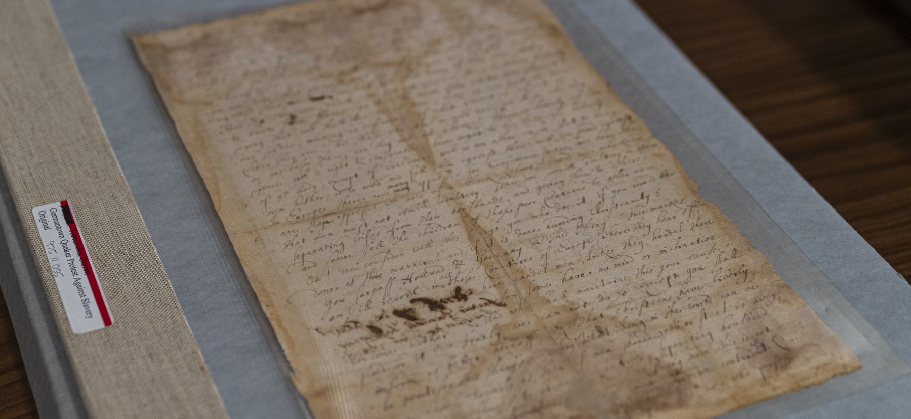 Photo of documents of Germantown Quaker protests against slavery