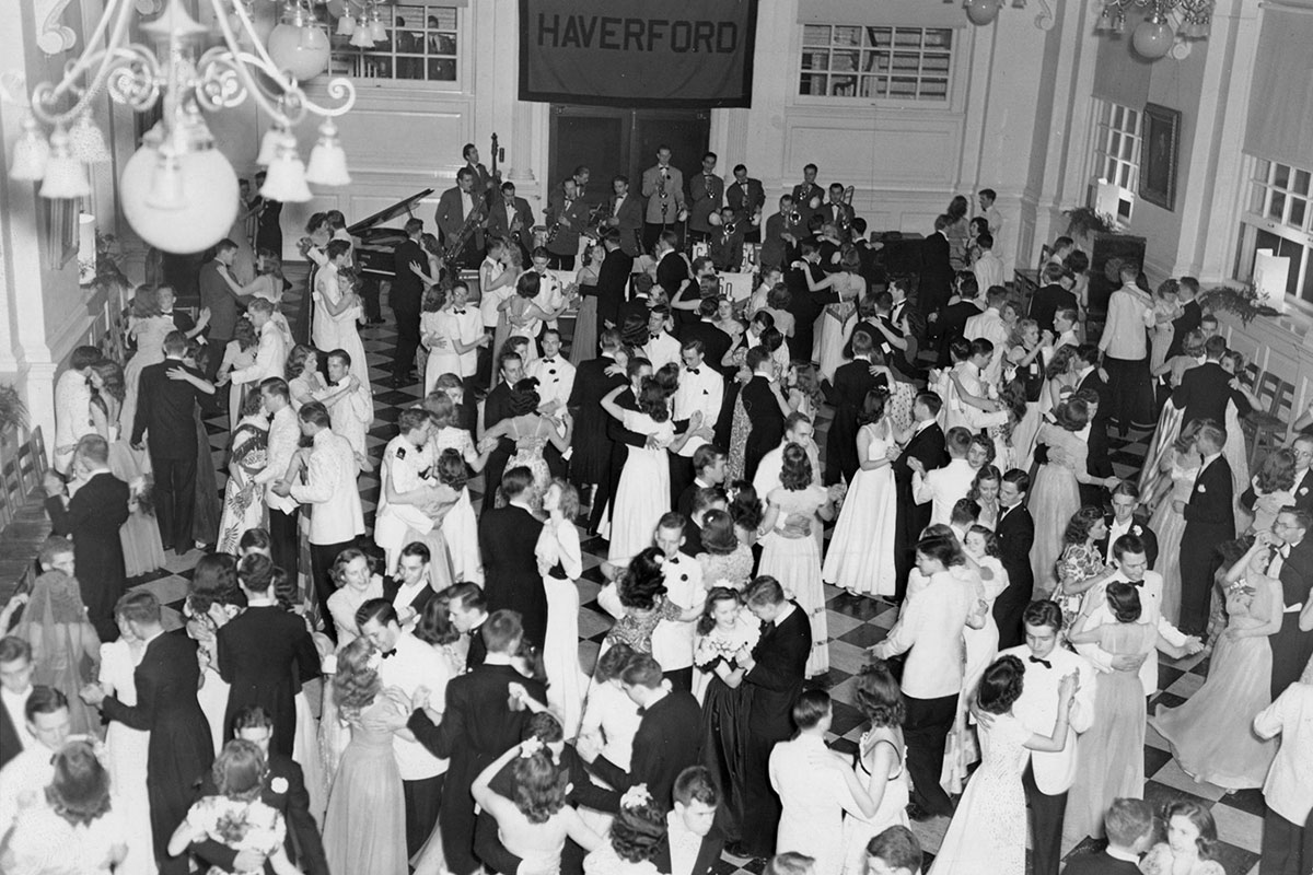 Dancers in formal attire in Founders Hall.