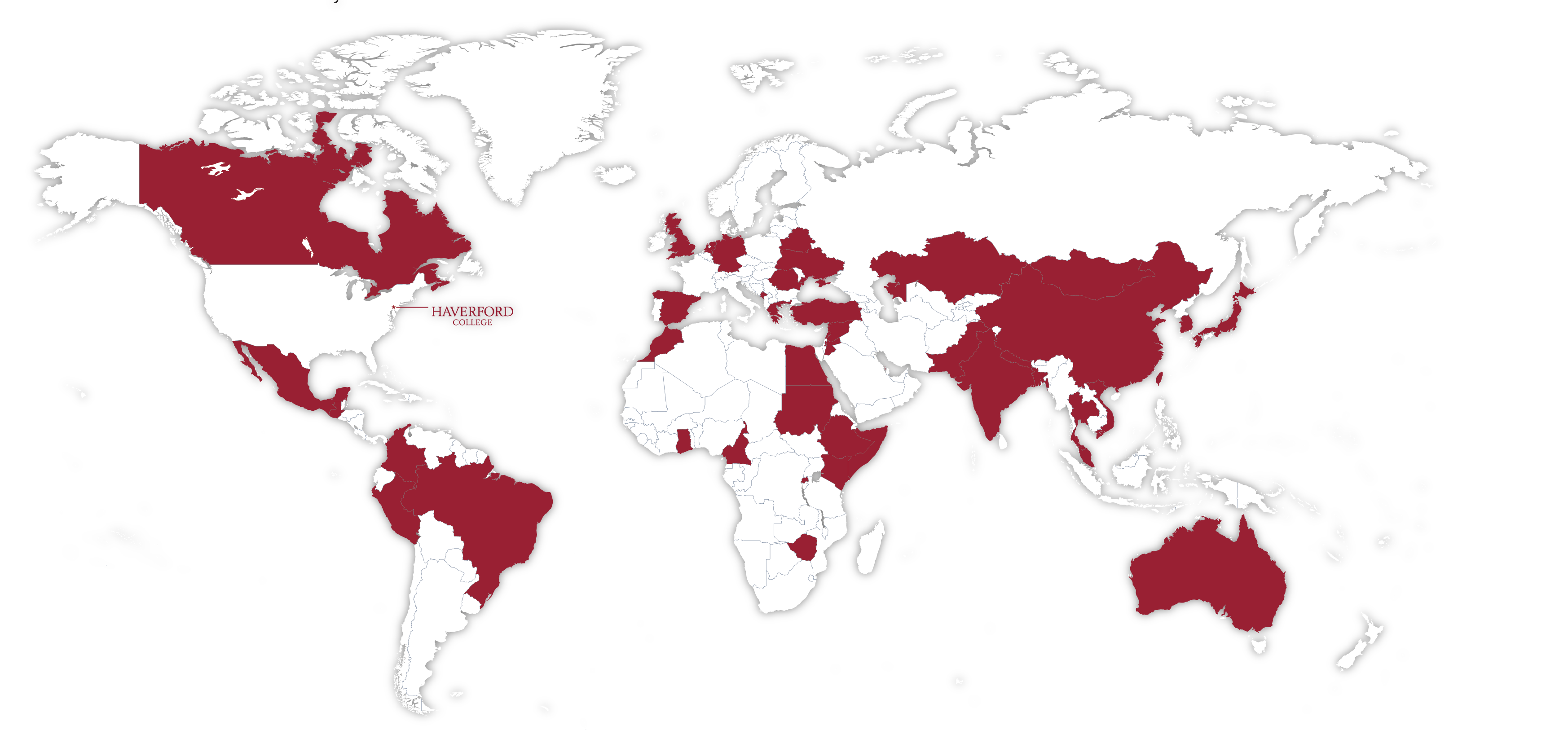 World Map showing countries that international students highlighted in red. The words Haverford College point to the location of the college.