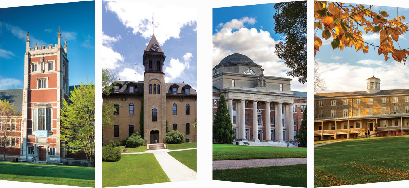 Fours images showing the hallmark building from Bowdoin, Carleton, Davidson, and Haverford Colleges 