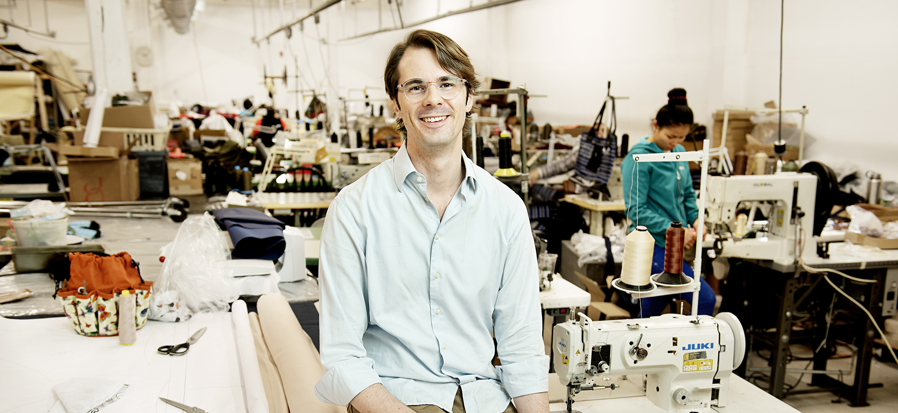 Griffin Vance in the factory where his environmentally conscious clothing line is made