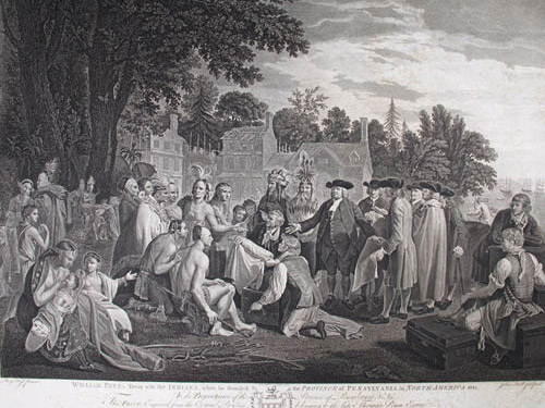 Drawing of William Penn signing treaty with Native Americans