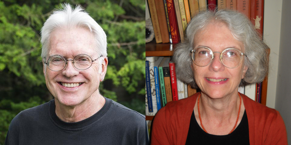 Rob Haley in front of a tree and Margaret Schaus in front of a bookshelf; both are smiling.
