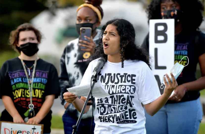 Edha Gupta at a protest of Central York's materials ban. The school's actions became public in a story published in the York Dispatch. (Credit: Bill Kalina/York Dispatch)