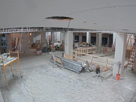 Interior of the library under construction, featuring the ceiling of the room shown now in place.