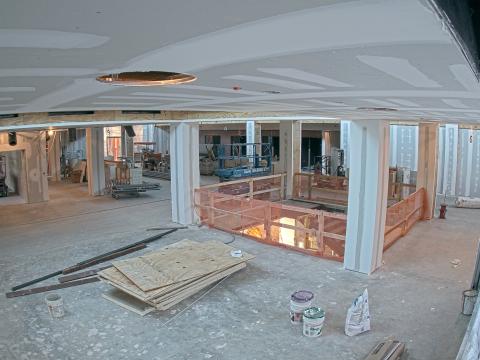 Interior of the library under construction, with the ceiling of the room now installed.
