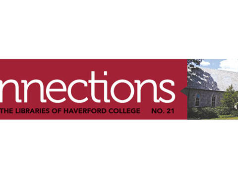 header of the connections newsletter, featuring the title and issue number against a maroon background and a photo of Lutnick Library taken from Founders Green
