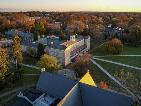 An aerial view of Haverford's campus depicts its buildings in early morning light.