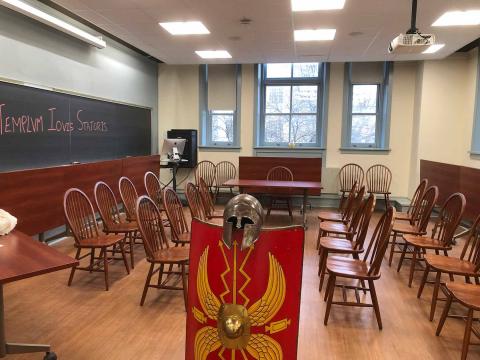 a roman shield and helment in the classroom