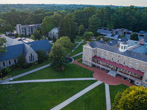 A drone shot of Founders Green and Lutnick Library from above