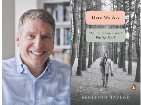 A headshot of Benjamin Taylor next to the cover of his book, "Here We Are"