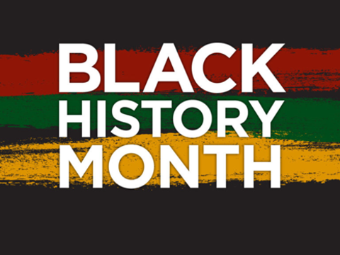 A red, green, and yellow striped banner with the words "Black History Month" on it