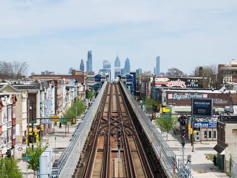 Heading into Center City from the west via train with the skyline of Philadelphia in the distance
