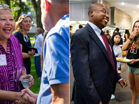Side by side images show Sarah Willie-LeBreton and Garry Jenkins greeting members of their college communities. 