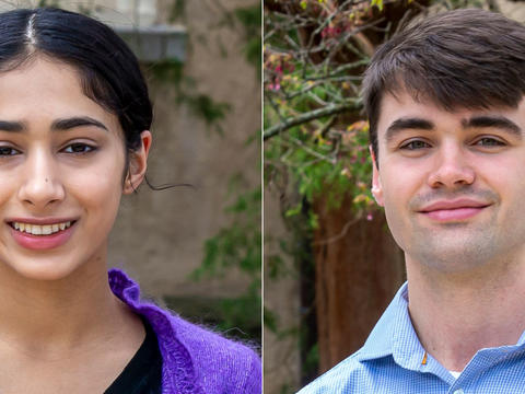 Side by side portraits of Aamina Dhar and Gabe Jones-Thomson.
