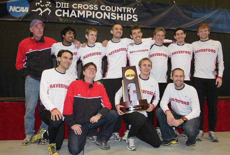 Tom Donnelly and members of the Haverford cross country team stand with their NCAA Division III championship trophy in 2010.