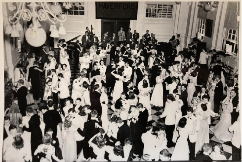 black and white photo of people dancing in Founders Great Hall