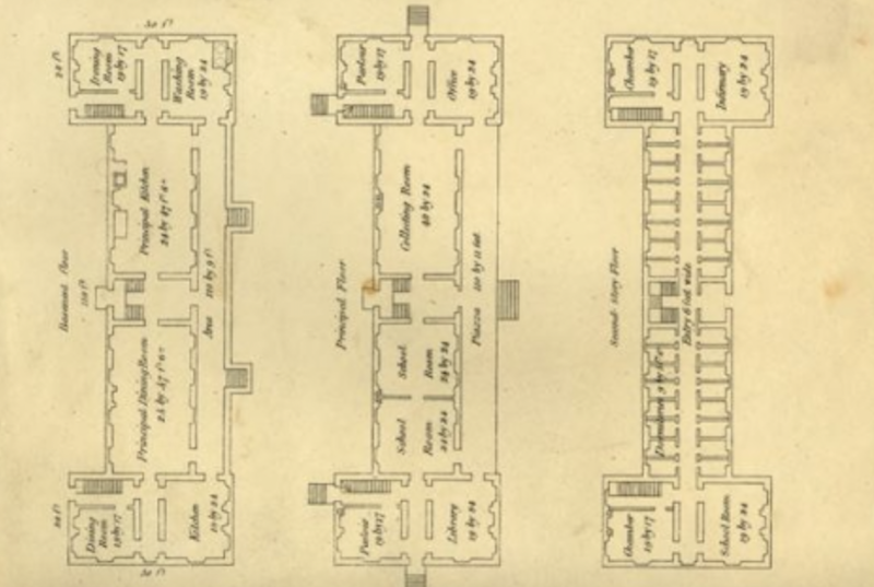sepia architectural drawing of Founders Hall floorplan