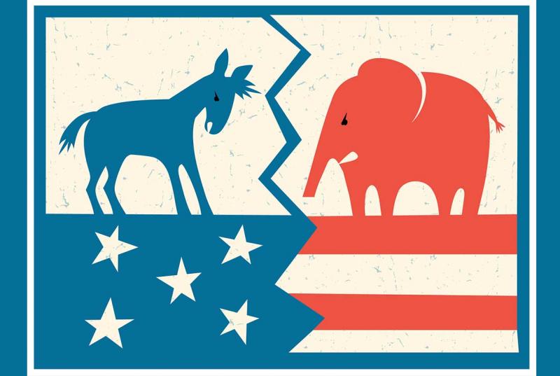 A cartoon image of the American flag split down the middle with the Democratic donkey and the Republican elephant facing each other