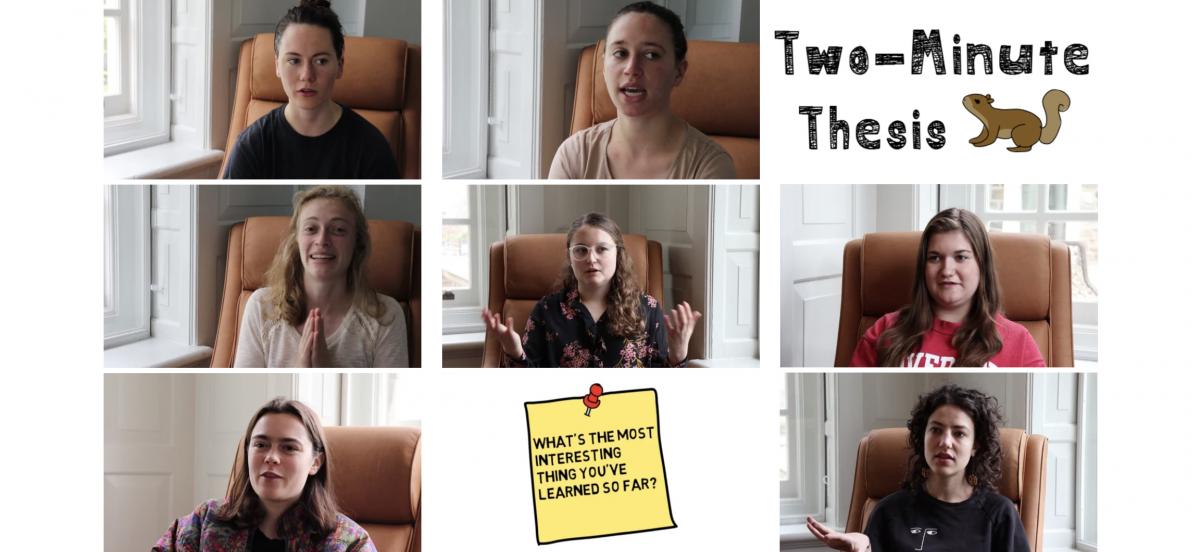 Eight screenshots of interview videos arranged in a block with the Two-Minute Thesis title and a squirrel image in the upper right corner
