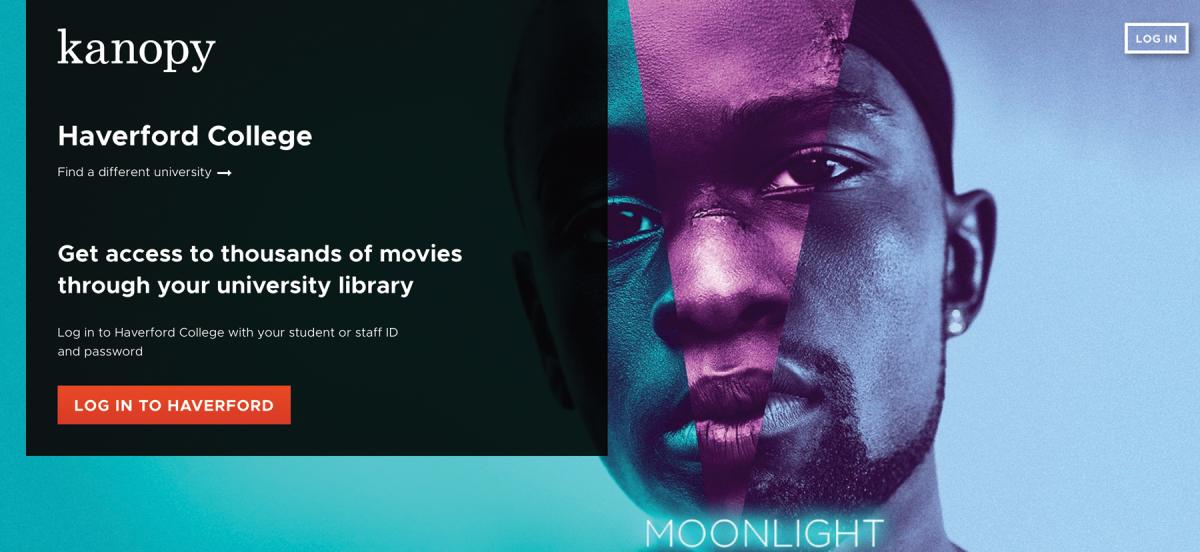 A screenshot of the kanopy login page for Haverford, with a log in button and a blue and purple portrait image from the movie "Moonlight" as backgrond.