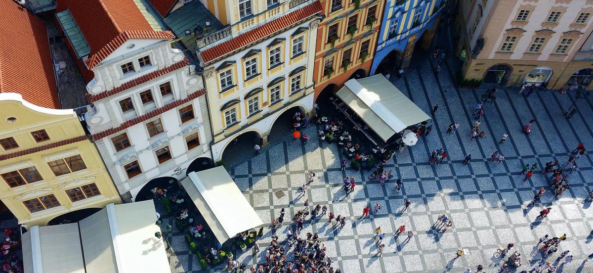 Overhead view of a bustling street in Prague