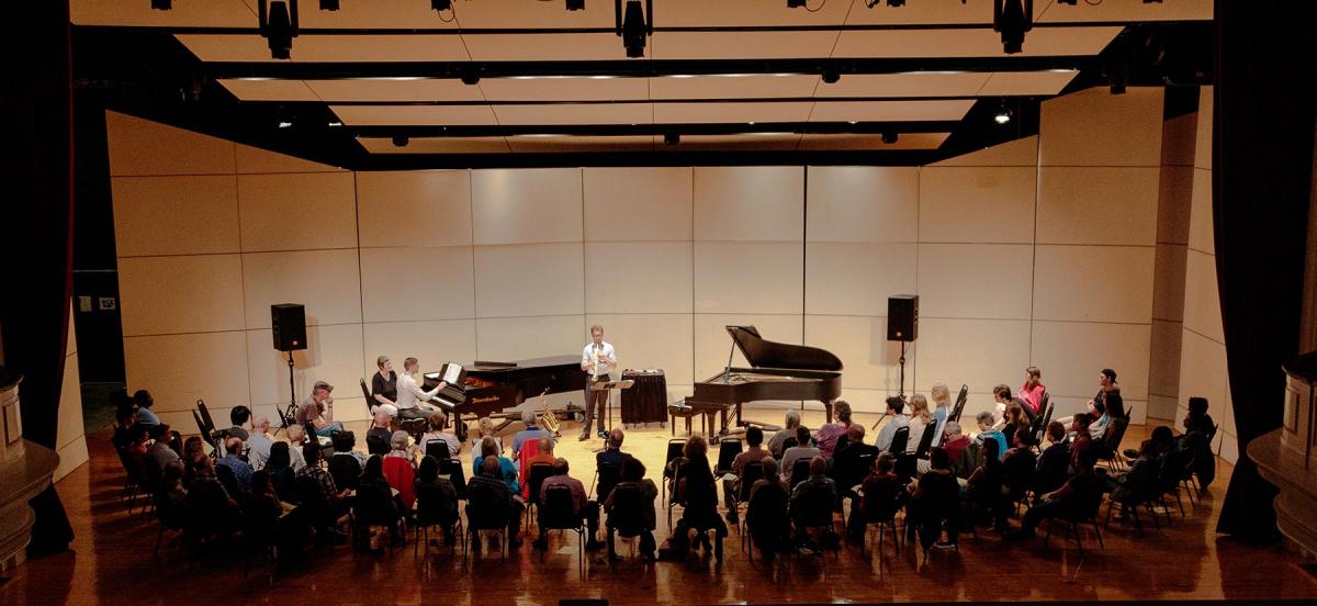 Saxaphone and piano duet in Marshall Auditorium