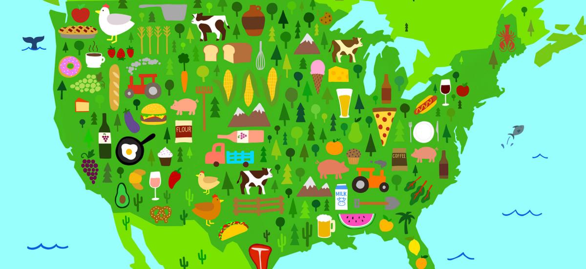 A hand-drawn map of the United States showing cartoon-like food items.