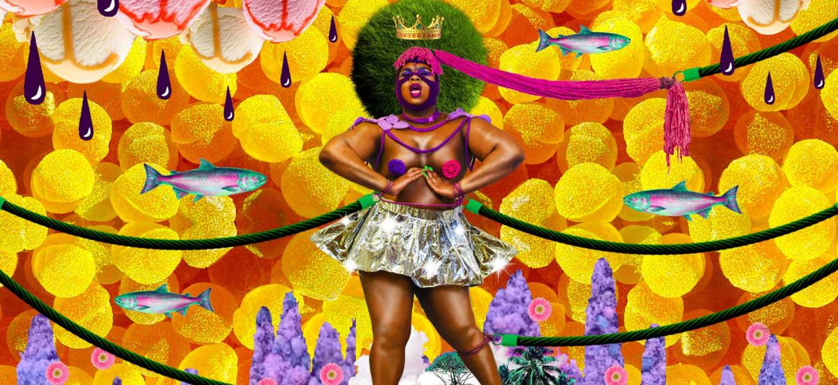an epic ebony queen dominates a surreal landscape with her shrubbery afro, floating crown, and colorful garb