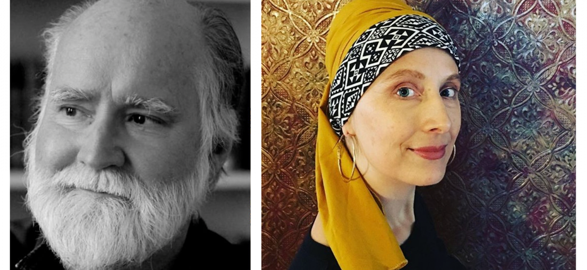 Black-and-white headshot of Nicholson Baker and a portrait of Anya Krugovoy Silver wearing a colorful headwrap