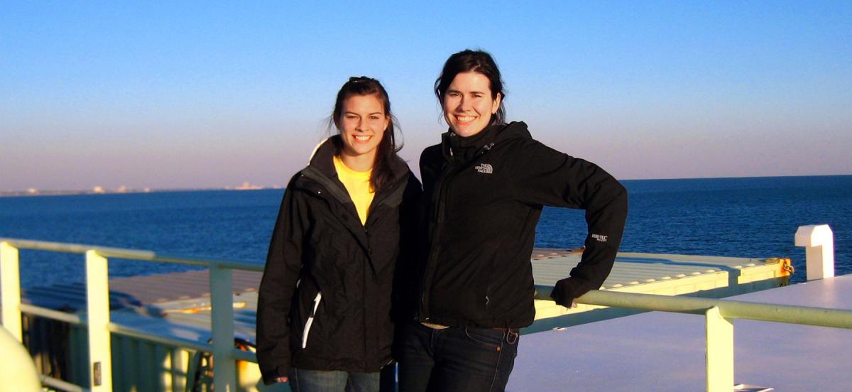 Katie Sheline '13 and Helen White on the deck on a research vessel in the Gulf of Mexico.
