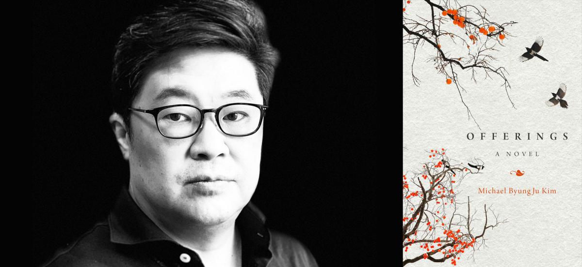 A black-and-white headshot of Michael Kim on the left and the cover of his novel, Offerings, on the right