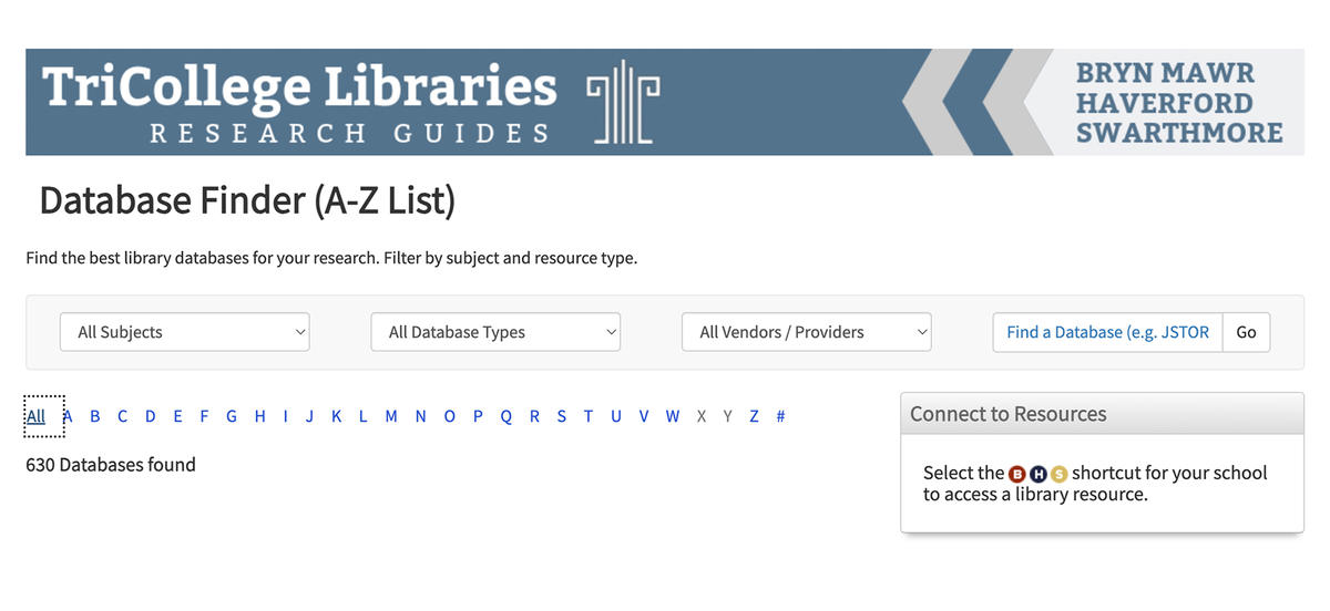 Tricollege Libraries Research Guides database finder webpage. 