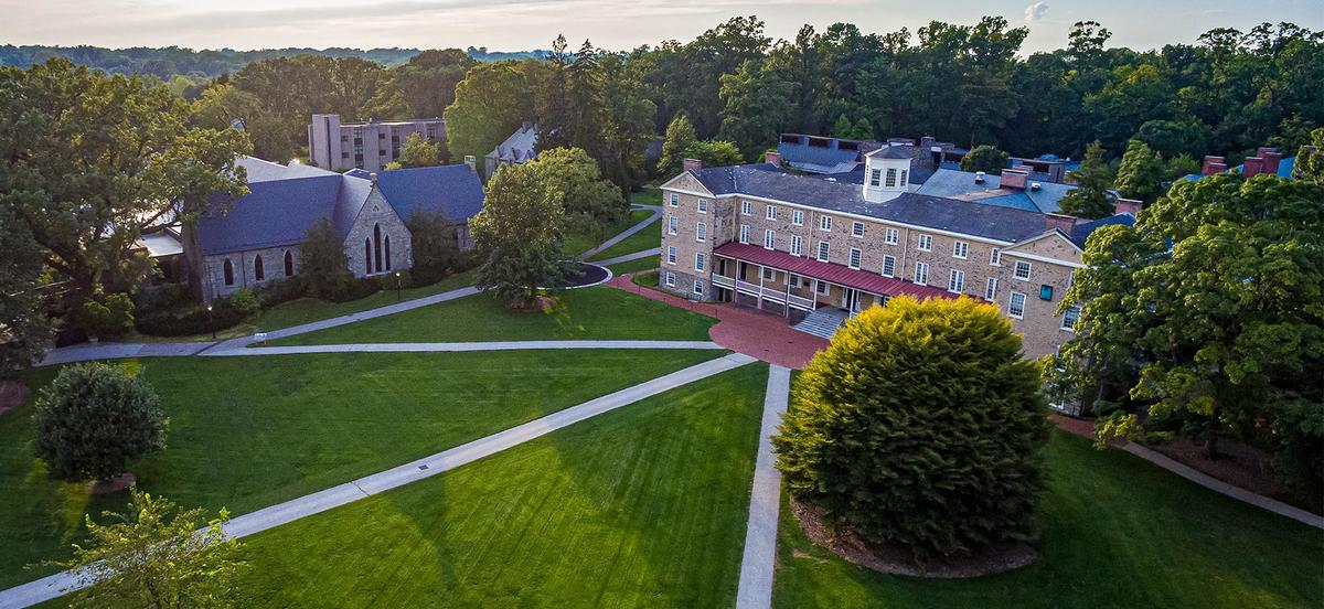 An aerial view of Founders Hall, Founders Green, and Lutnick Library. 