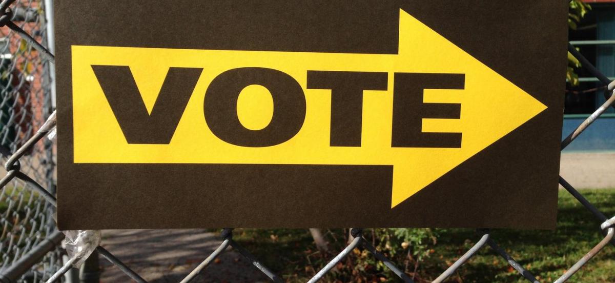 Sign on fence with the word "vote" on a large arrow.