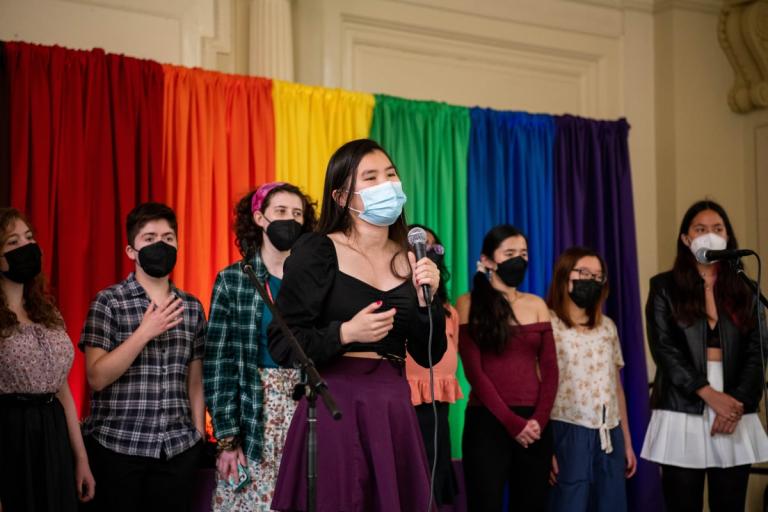 The Outskirts sing during the opening performance at Lavender Graduation 2022. Photo by Holden Blanco '17